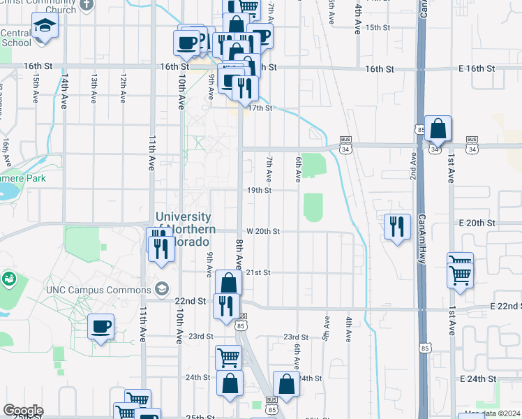 map of restaurants, bars, coffee shops, grocery stores, and more near 1925 7th Avenue in Greeley
