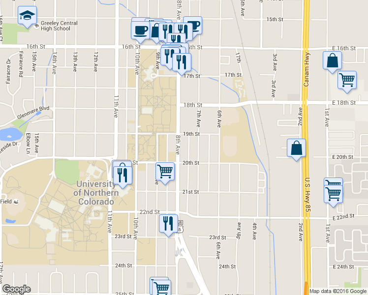 map of restaurants, bars, coffee shops, grocery stores, and more near 1920 U.S. 85 Business in Greeley