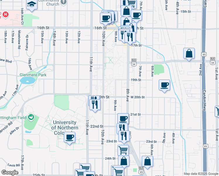 map of restaurants, bars, coffee shops, grocery stores, and more near 1910 10th Avenue in Greeley