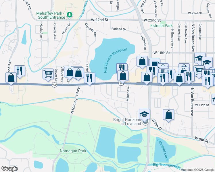 map of restaurants, bars, coffee shops, grocery stores, and more near 1315 Pine Street in Loveland