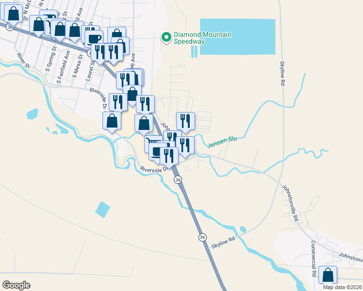 map of restaurants, bars, coffee shops, grocery stores, and more near 3040 Johnstonville Road in Susanville