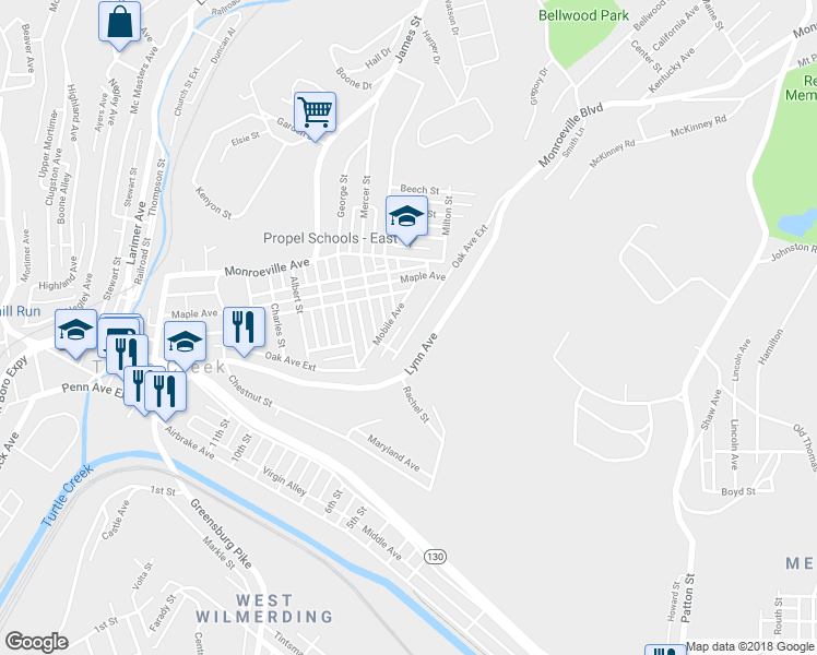 map of restaurants, bars, coffee shops, grocery stores, and more near 1515 Oak Avenue Extension in Turtle Creek