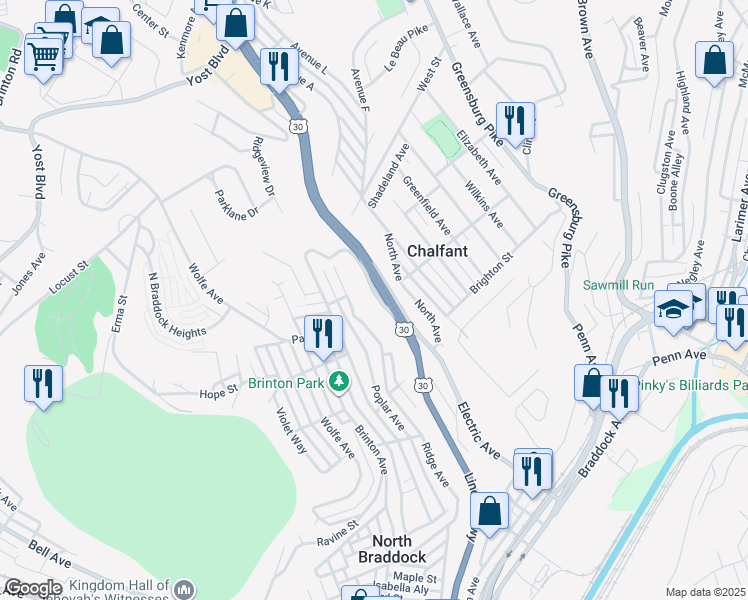 map of restaurants, bars, coffee shops, grocery stores, and more near 1208 Electric Avenue in East Pittsburgh
