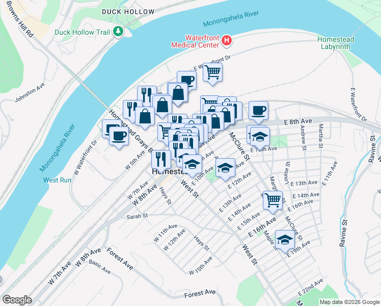 map of restaurants, bars, coffee shops, grocery stores, and more near in Homestead