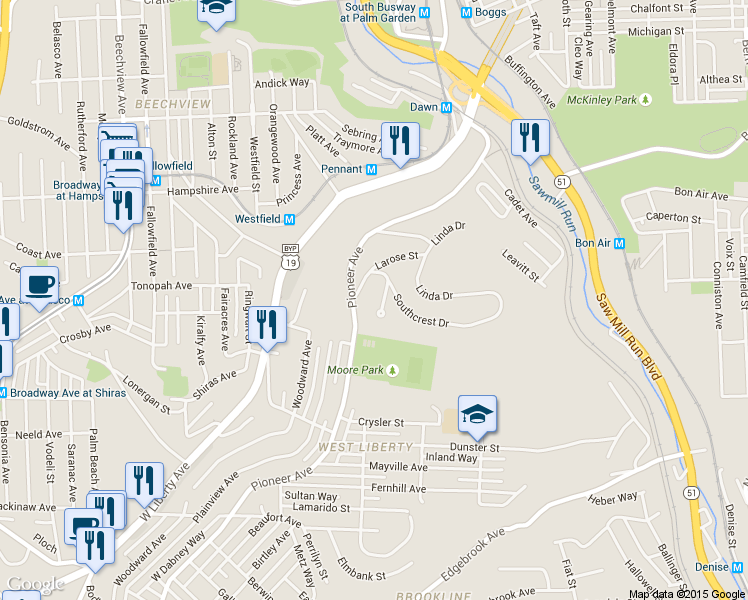 map of restaurants, bars, coffee shops, grocery stores, and more near 510 Southcrest Drive in Pittsburgh
