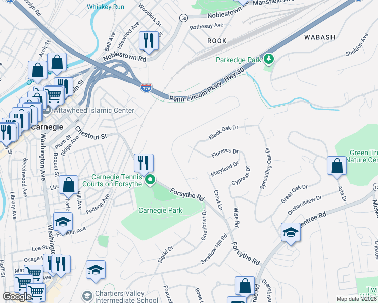 map of restaurants, bars, coffee shops, grocery stores, and more near 111 Florence Drive in Pittsburgh