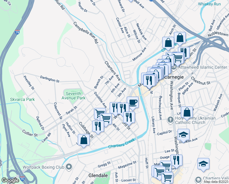 map of restaurants, bars, coffee shops, grocery stores, and more near 200 5th Avenue in Carnegie
