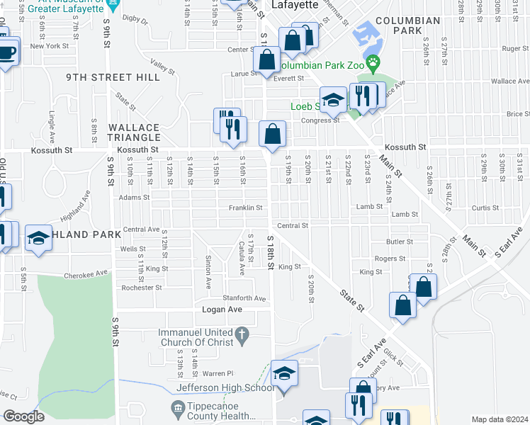 map of restaurants, bars, coffee shops, grocery stores, and more near 1008 South 18th Street in Lafayette