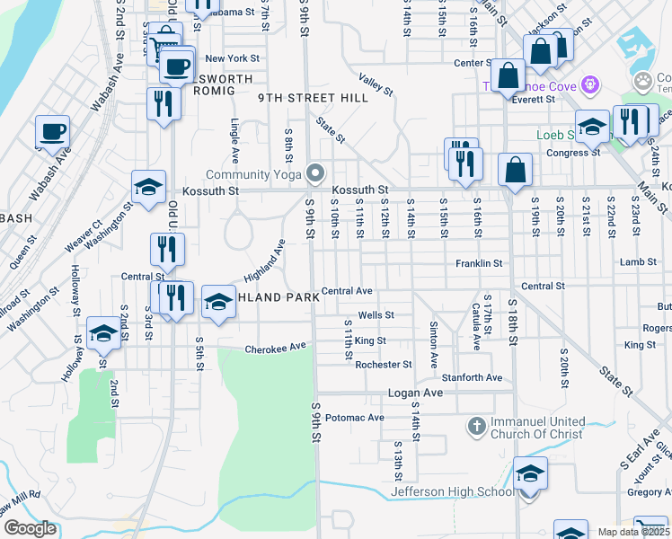 map of restaurants, bars, coffee shops, grocery stores, and more near 1008 S 11th St in Lafayette