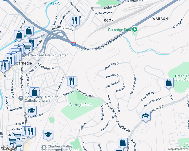 map of restaurants, bars, coffee shops, grocery stores, and more near 111 Florence Drive in Pittsburgh