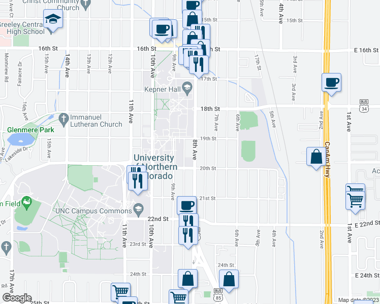 map of restaurants, bars, coffee shops, grocery stores, and more near 1920 U.S. 85 Business in Greeley