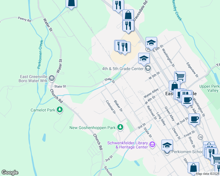 map of restaurants, bars, coffee shops, grocery stores, and more near 542 State Street in East Greenville