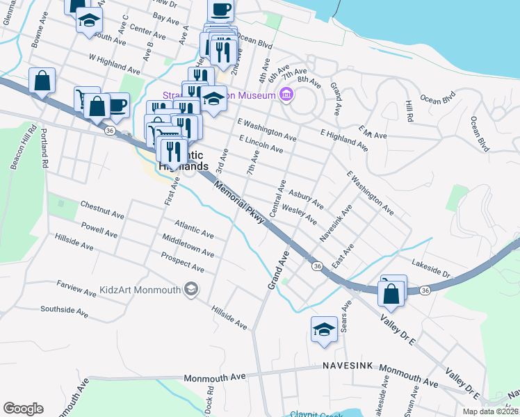 map of restaurants, bars, coffee shops, grocery stores, and more near 62 Memorial Parkway in Atlantic Highlands