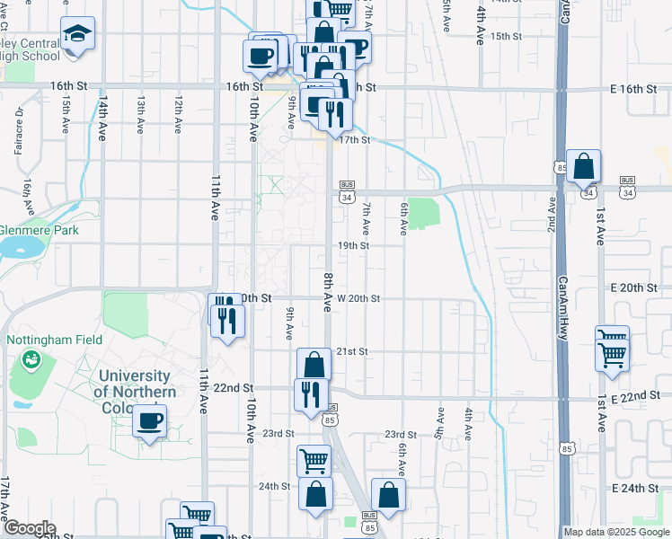 map of restaurants, bars, coffee shops, grocery stores, and more near 1920 8th Avenue in Greeley