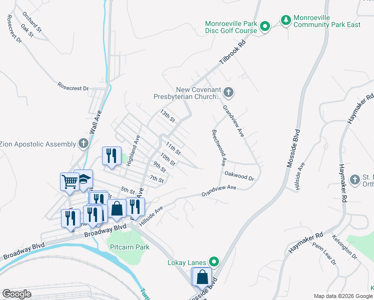 map of restaurants, bars, coffee shops, grocery stores, and more near 765 12th Street in Pitcairn
