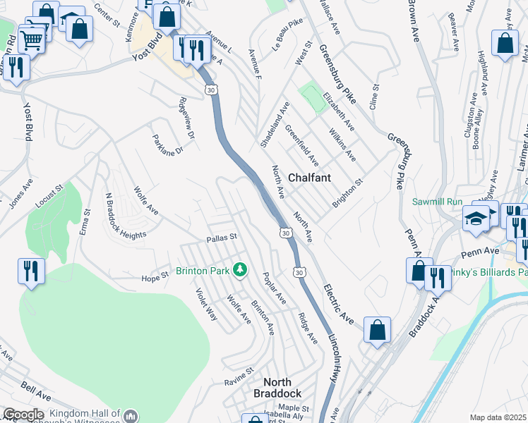 map of restaurants, bars, coffee shops, grocery stores, and more near 1208 Electric Avenue in East Pittsburgh
