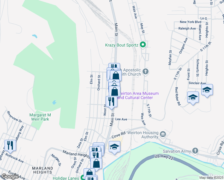 map of restaurants, bars, coffee shops, grocery stores, and more near 3101 Main Street in Weirton