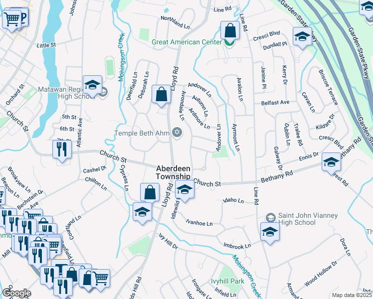map of restaurants, bars, coffee shops, grocery stores, and more near 33 Avondale Lane in Aberdeen Township