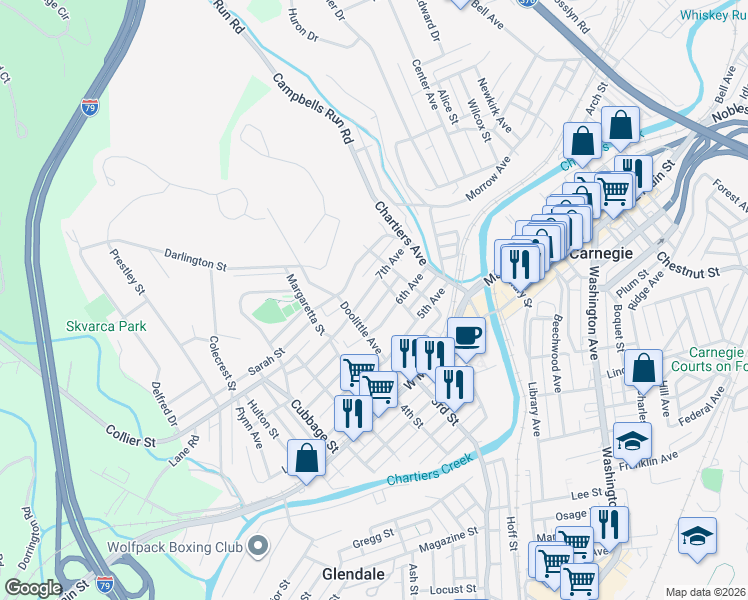 map of restaurants, bars, coffee shops, grocery stores, and more near 306 6th Avenue in Carnegie