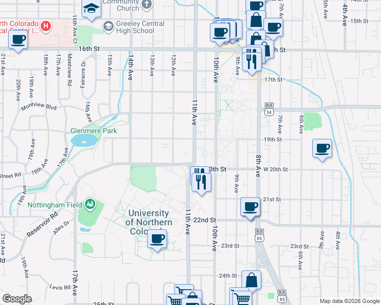 map of restaurants, bars, coffee shops, grocery stores, and more near 1923 11th Avenue in Greeley