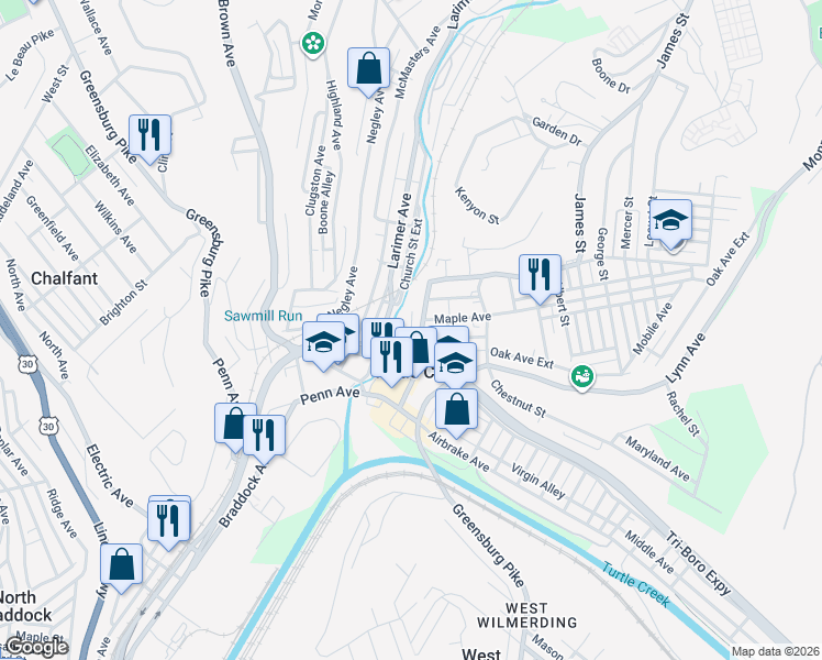map of restaurants, bars, coffee shops, grocery stores, and more near 307 Sara St in Turtle Creek