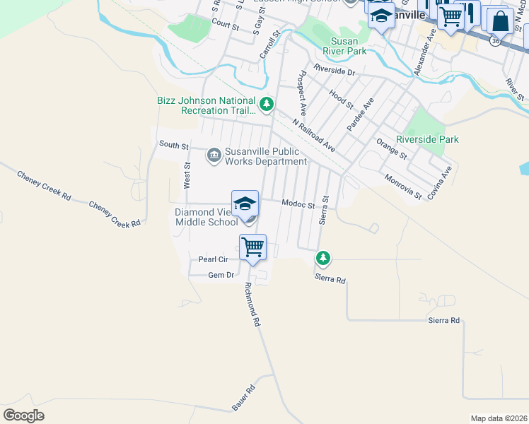 map of restaurants, bars, coffee shops, grocery stores, and more near 978-1338 Richmond Rd in Susanville