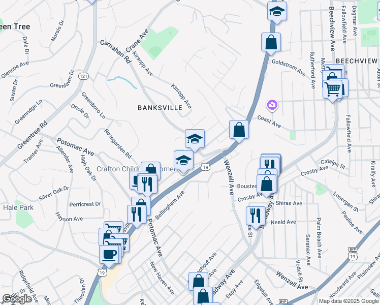 map of restaurants, bars, coffee shops, grocery stores, and more near 1001 Carnahan Road in Pittsburgh