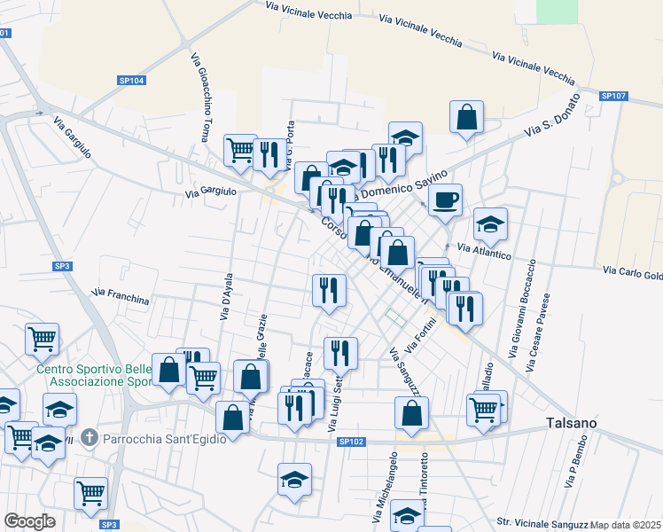 map of restaurants, bars, coffee shops, grocery stores, and more near 38 Via San Francesco D'Assisi in Taranto