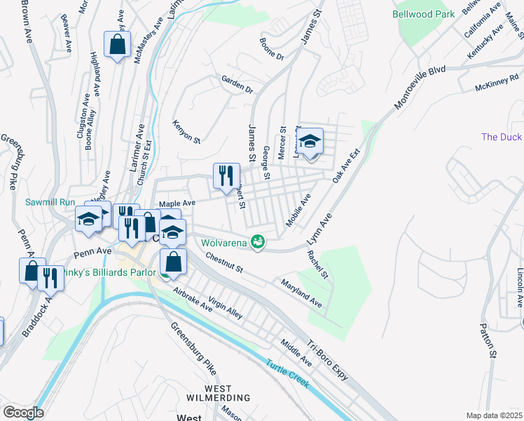 map of restaurants, bars, coffee shops, grocery stores, and more near 312 James Street in Turtle Creek