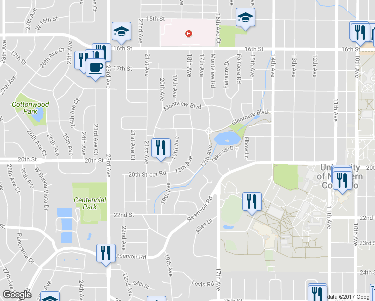 map of restaurants, bars, coffee shops, grocery stores, and more near 1939 18th Avenue in Greeley