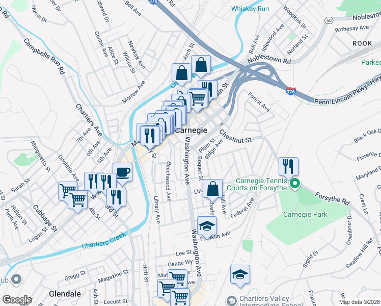 map of restaurants, bars, coffee shops, grocery stores, and more near 533 Washington Avenue in Carnegie