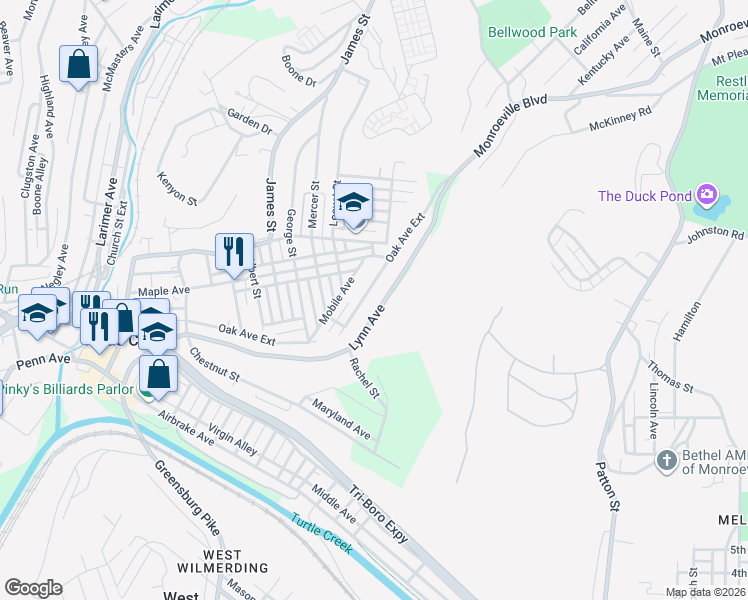 map of restaurants, bars, coffee shops, grocery stores, and more near 1515 Oak Avenue Extension in Turtle Creek