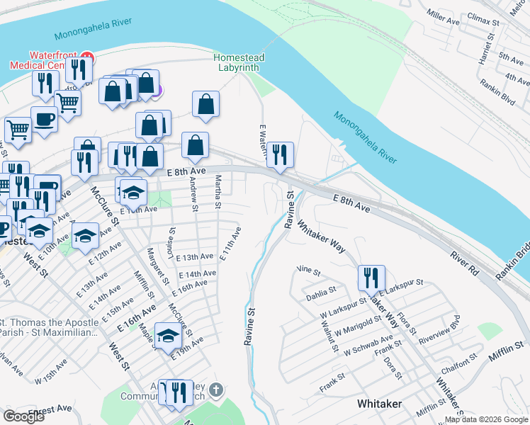 map of restaurants, bars, coffee shops, grocery stores, and more near 904 Creek Street in Homestead