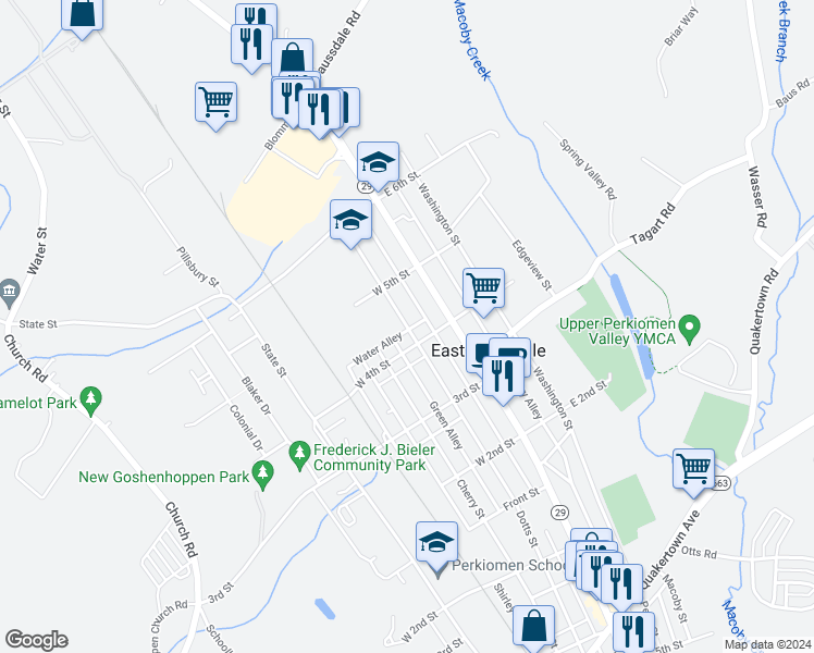 map of restaurants, bars, coffee shops, grocery stores, and more near 407 Jefferson Street in East Greenville