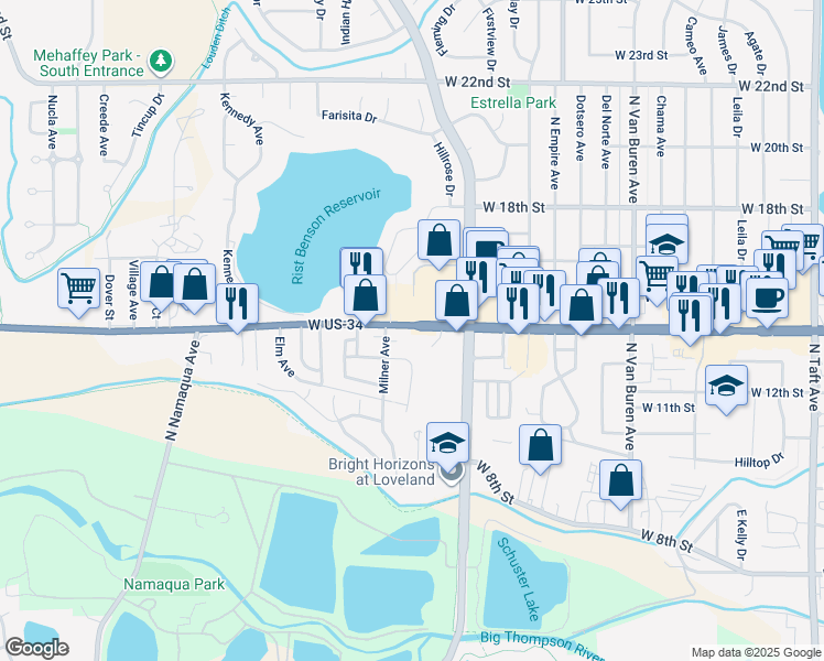 map of restaurants, bars, coffee shops, grocery stores, and more near 2706 West County Road 14 in Loveland