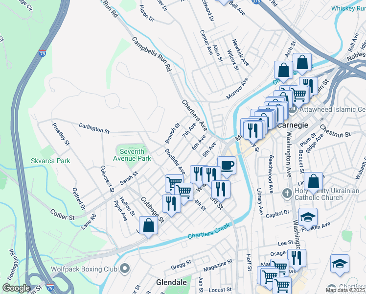 map of restaurants, bars, coffee shops, grocery stores, and more near 308 Midland Avenue in Carnegie