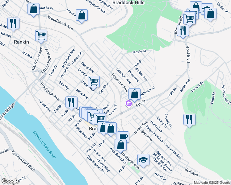 map of restaurants, bars, coffee shops, grocery stores, and more near 521 Corey Avenue in Braddock