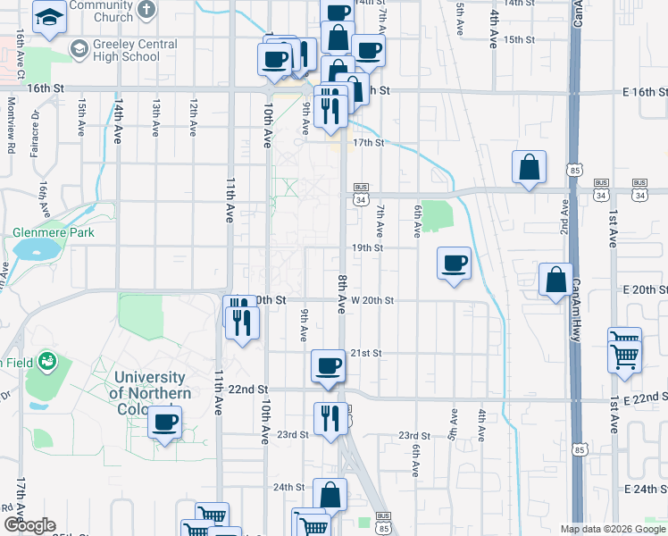 map of restaurants, bars, coffee shops, grocery stores, and more near 1919 8th Avenue in Greeley