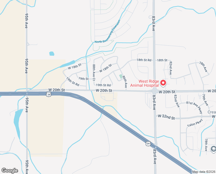 map of restaurants, bars, coffee shops, grocery stores, and more near 8714 19th Street Road in Greeley