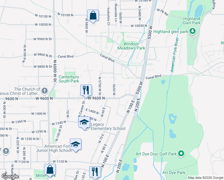 map of restaurants, bars, coffee shops, grocery stores, and more near 9643 North 5650 West in Highland