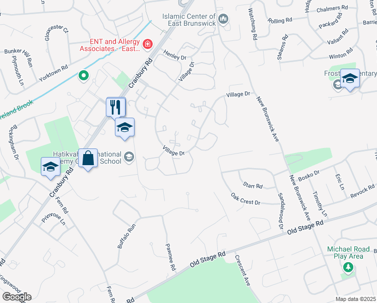 map of restaurants, bars, coffee shops, grocery stores, and more near Village Drive & Applegate Lane in East Brunswick