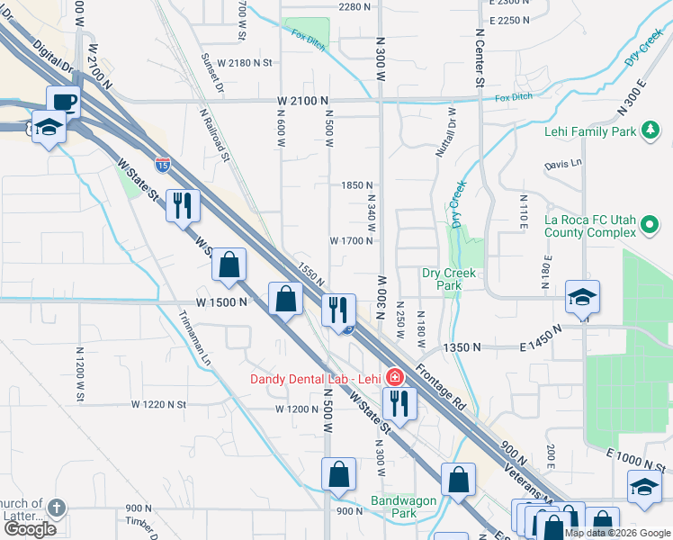 map of restaurants, bars, coffee shops, grocery stores, and more near 1592 North 500 West in Lehi