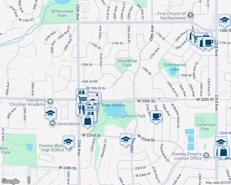 map of restaurants, bars, coffee shops, grocery stores, and more near 1946 29th Avenue in Greeley
