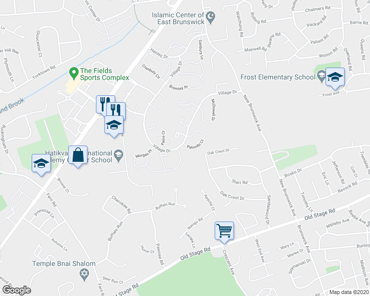 map of restaurants, bars, coffee shops, grocery stores, and more near 222 Palombi Court in East Brunswick