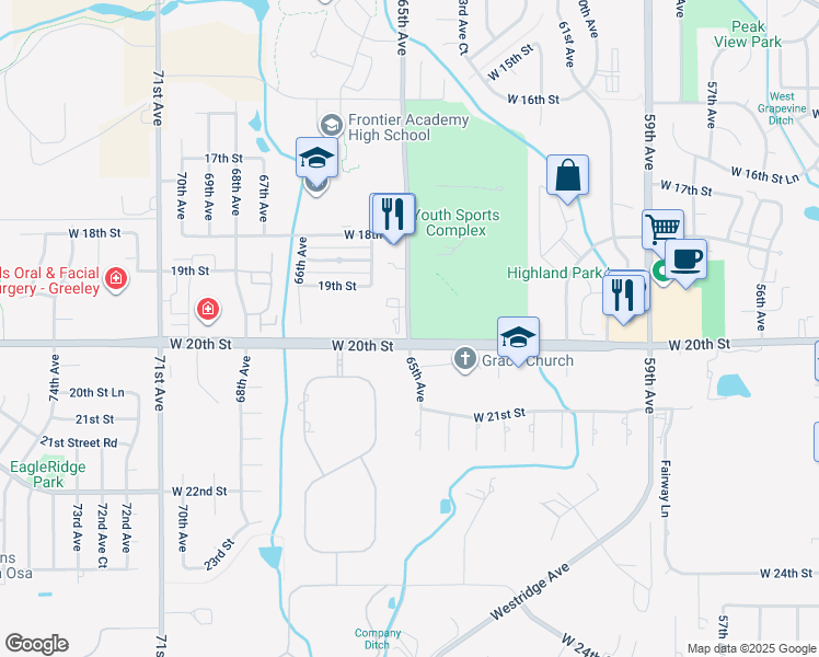 map of restaurants, bars, coffee shops, grocery stores, and more near 6503 West 20th Street in Greeley