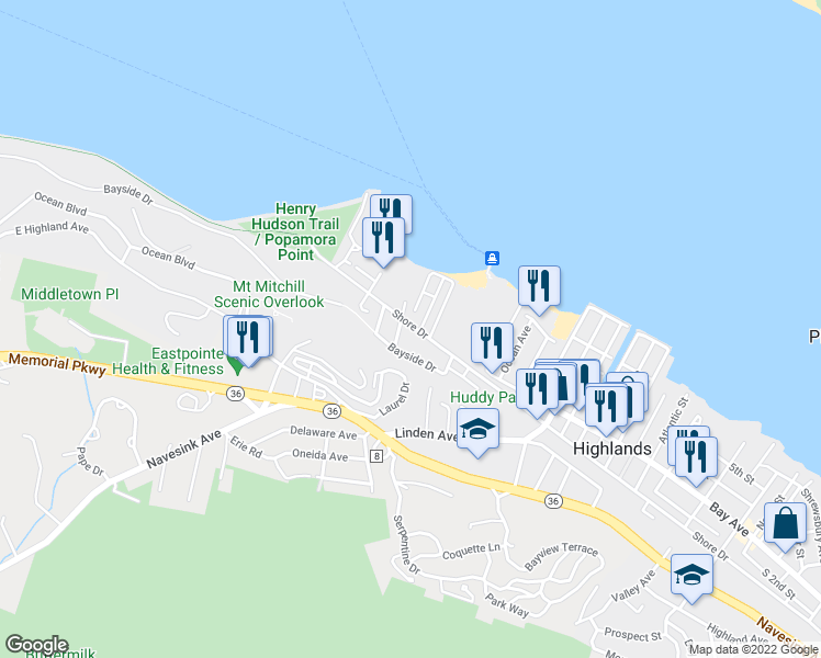 map of restaurants, bars, coffee shops, grocery stores, and more near 331 Shore Drive in Highlands