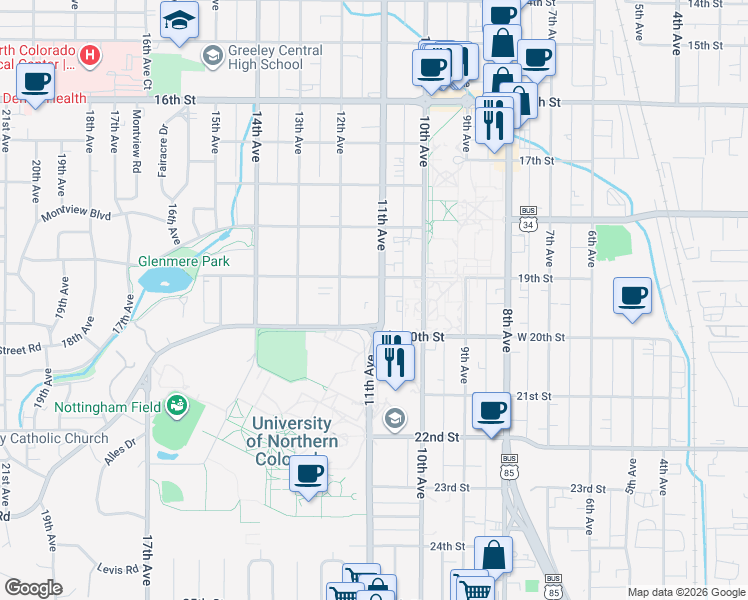map of restaurants, bars, coffee shops, grocery stores, and more near 1919 11th Avenue in Greeley