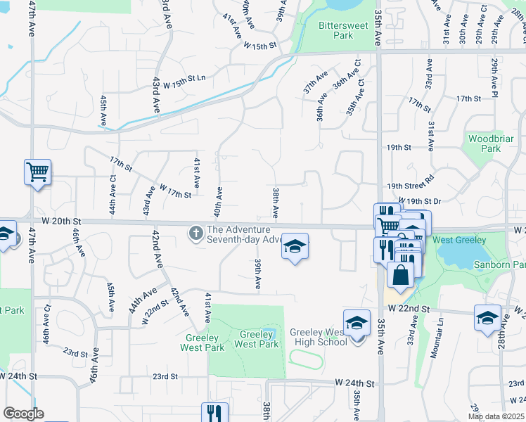map of restaurants, bars, coffee shops, grocery stores, and more near 1999 38th Avenue in Greeley