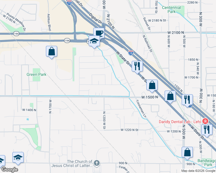 map of restaurants, bars, coffee shops, grocery stores, and more near 1149 West 1600 North Street in Lehi