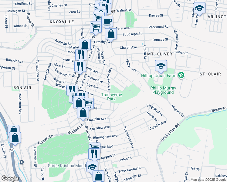 map of restaurants, bars, coffee shops, grocery stores, and more near 800 Transverse Avenue in Mount Oliver
